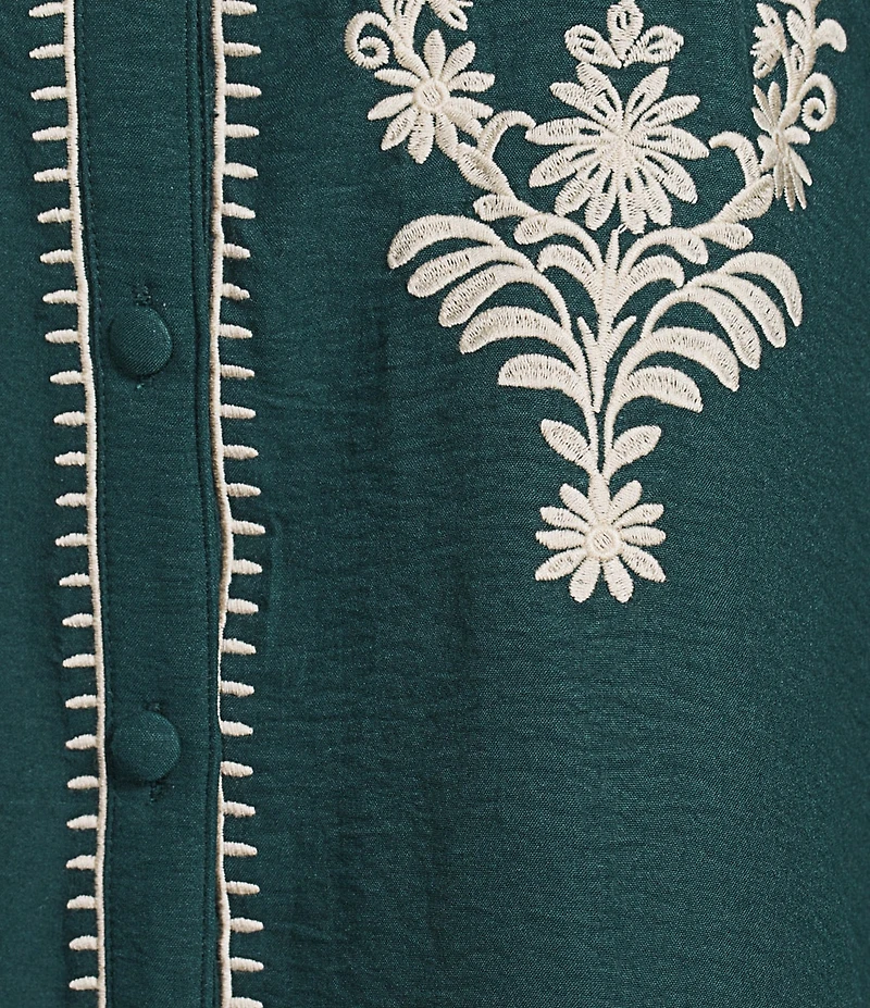 Calessa Plus Size Embroidered Placement Print Ruffle Split V-Neck 3/4 Sleeve Button Front Tunic