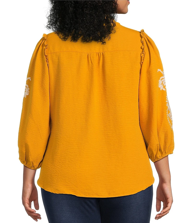 Calessa Plus Size Embroidered Placement Print Ruffle Split V-Neck 3/4 Sleeve Button Front Tunic