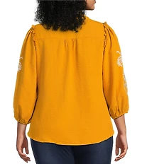 Calessa Plus Size Embroidered Placement Print Ruffle Split V-Neck 3/4 Sleeve Button Front Tunic