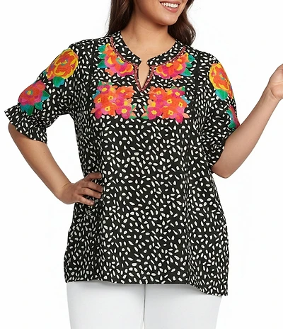 Calessa Plus Size Embroidered Polka Dot Floral Split V-Neck Cap Sleeve Blouse