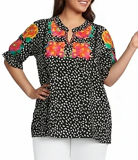 Calessa Plus Size Embroidered Polka Dot Floral Split V-Neck Cap Sleeve Blouse