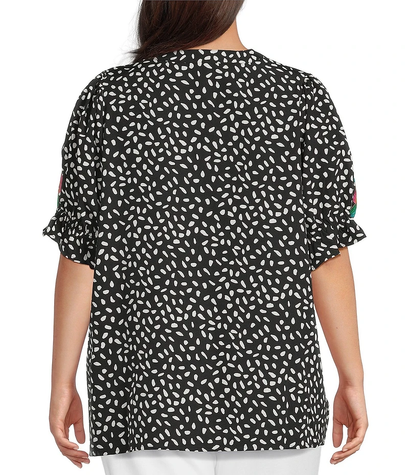 Calessa Plus Size Embroidered Polka Dot Floral Split V-Neck Cap Sleeve Blouse