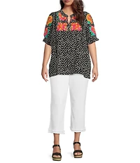 Calessa Plus Size Embroidered Polka Dot Floral Split V-Neck Cap Sleeve Blouse