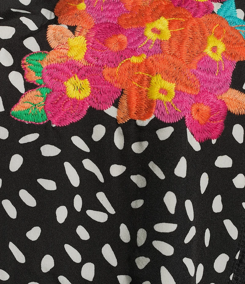 Calessa Plus Size Embroidered Polka Dot Floral Split V-Neck Cap Sleeve Blouse