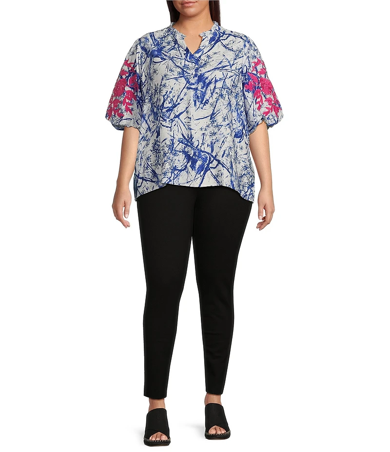 Calessa Plus Size Embroidered Printed Ruffled Split V-Neck Elbow Length Sleeve Tunic