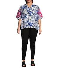 Calessa Plus Size Embroidered Printed Ruffled Split V-Neck Elbow Length Sleeve Tunic