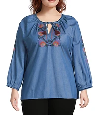 Calessa Plus Size Embroidered Tassel Tie Round Split Neck Bracelet Sleeve Tunic