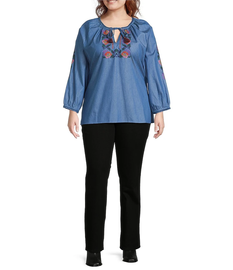 Calessa Plus Size Embroidered Tassel Tie Round Split Neck Bracelet Sleeve Tunic