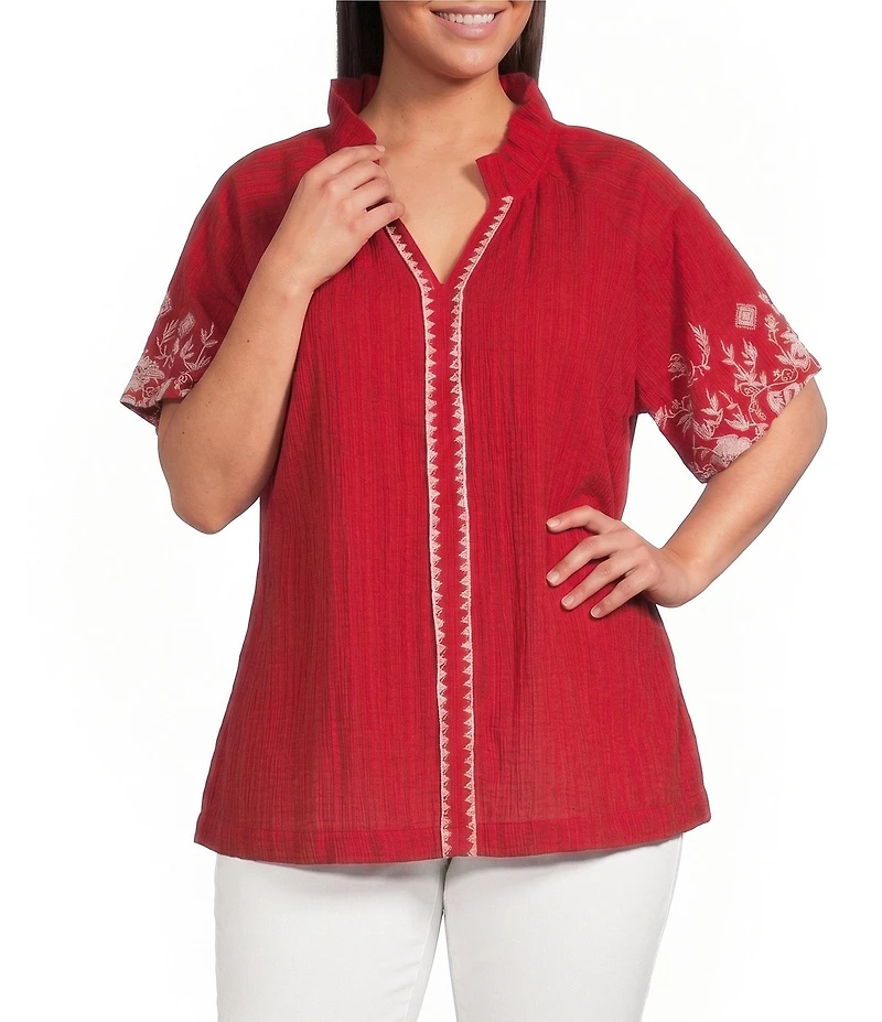 Calessa Plus Size Embroidered Split V-Neck Ruffle Stand Collar Short Sleeve Tunic