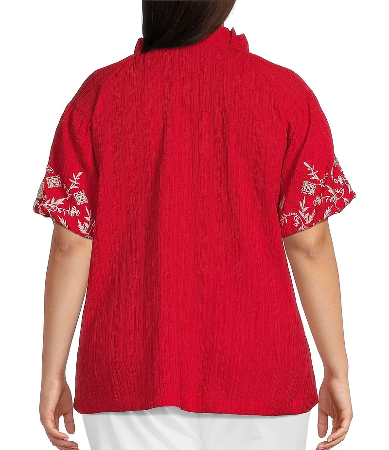 Calessa Plus Size Embroidered Split V-Neck Ruffle Stand Collar Short Sleeve Tunic