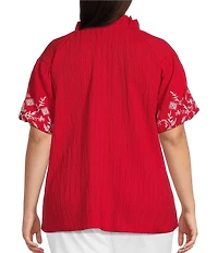 Calessa Plus Size Embroidered Split V-Neck Ruffle Stand Collar Short Sleeve Tunic