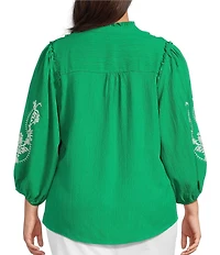 Calessa Plus Size Embroidered Ruffle Split V-Neck 3/4 Sleeve Button Front Tunic