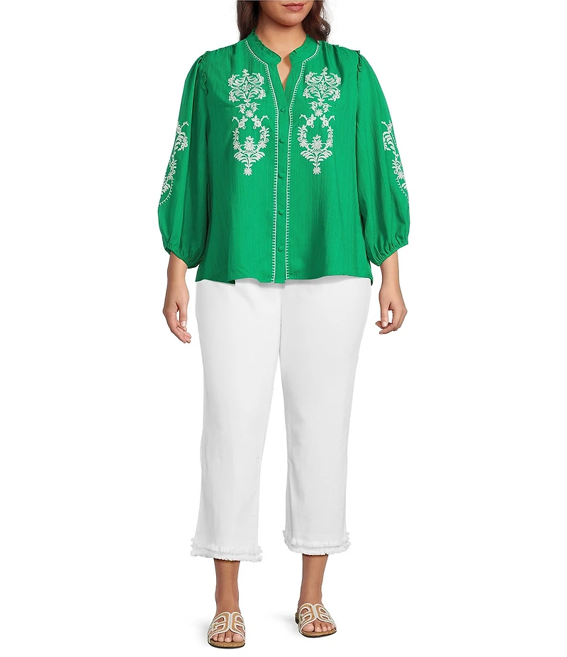 Calessa Plus Size Embroidered Ruffle Split V-Neck 3/4 Sleeve Button Front Tunic