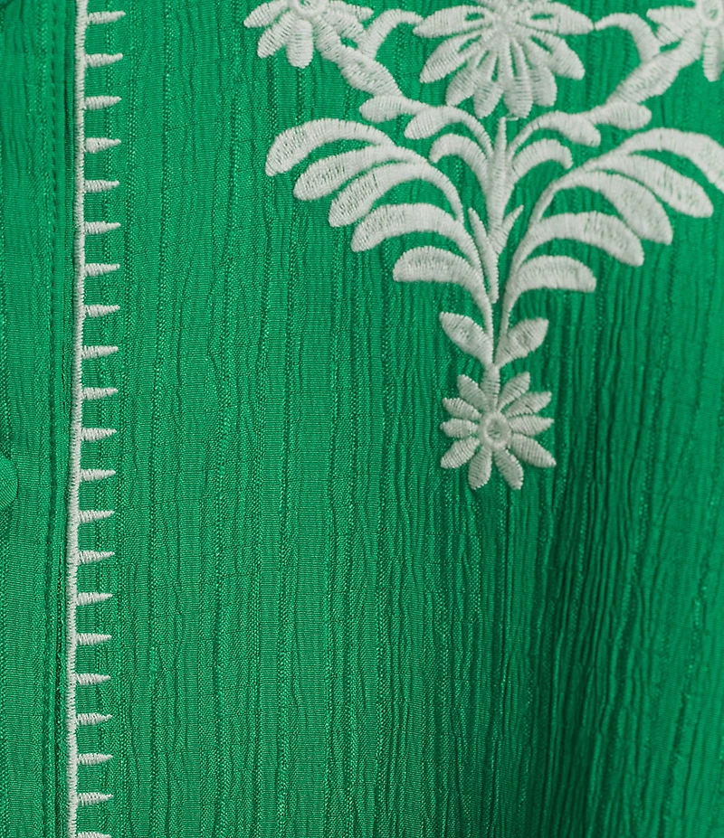 Calessa Plus Size Embroidered Ruffle Split V-Neck 3/4 Sleeve Button Front Tunic