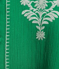 Calessa Plus Size Embroidered Ruffle Split V-Neck 3/4 Sleeve Button Front Tunic