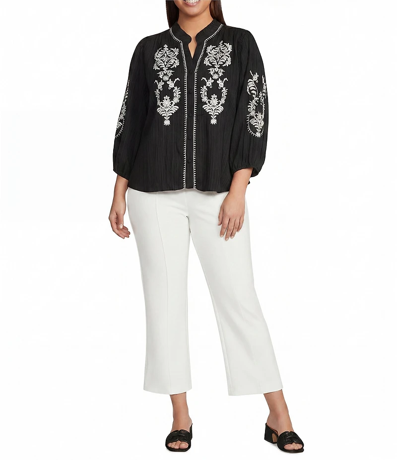 Calessa Plus Size Embroidered Ruffle Split V-Neck 3/4 Sleeve Button Front Tunic