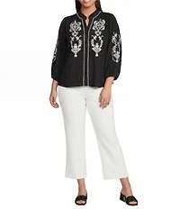 Calessa Plus Size Embroidered Ruffle Split V-Neck 3/4 Sleeve Button Front Tunic