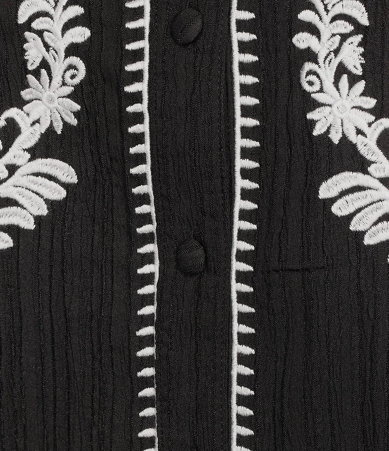 Calessa Plus Size Embroidered Ruffle Split V-Neck 3/4 Sleeve Button Front Tunic