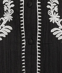 Calessa Plus Size Embroidered Ruffle Split V-Neck 3/4 Sleeve Button Front Tunic