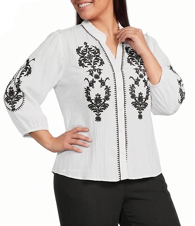 Calessa Plus Size Embroidered Ruffle Split V-Neck 3/4 Sleeve Button Front Tunic
