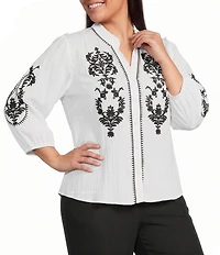 Calessa Plus Size Embroidered Ruffle Split V-Neck 3/4 Sleeve Button Front Tunic