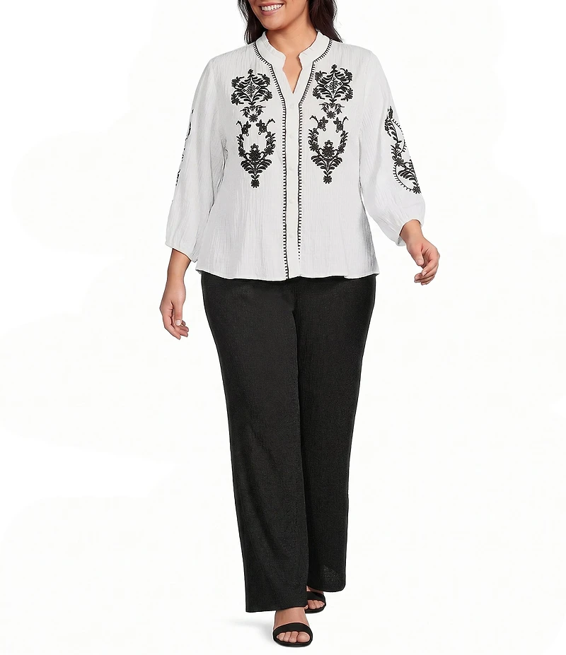 Calessa Plus Size Embroidered Ruffle Split V-Neck 3/4 Sleeve Button Front Tunic