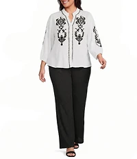 Calessa Plus Size Embroidered Ruffle Split V-Neck 3/4 Sleeve Button Front Tunic
