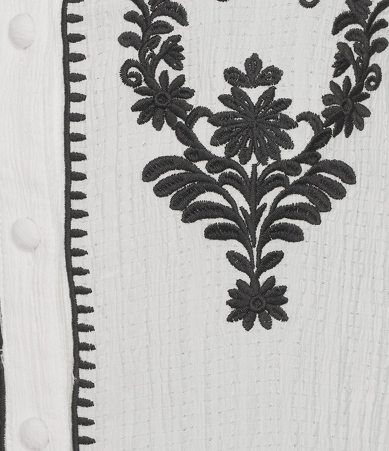 Calessa Plus Size Embroidered Ruffle Split V-Neck 3/4 Sleeve Button Front Tunic