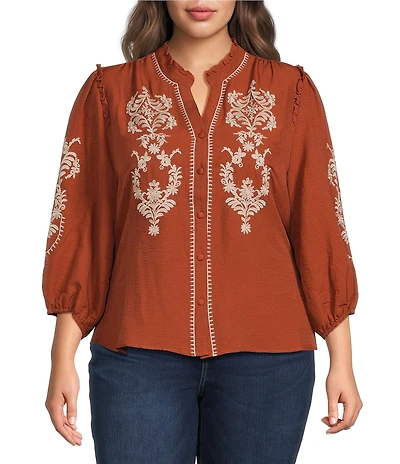 Calessa Plus Size Embroidered Ruffle Split V-Neck 3/4 Sleeve Button Front Tunic