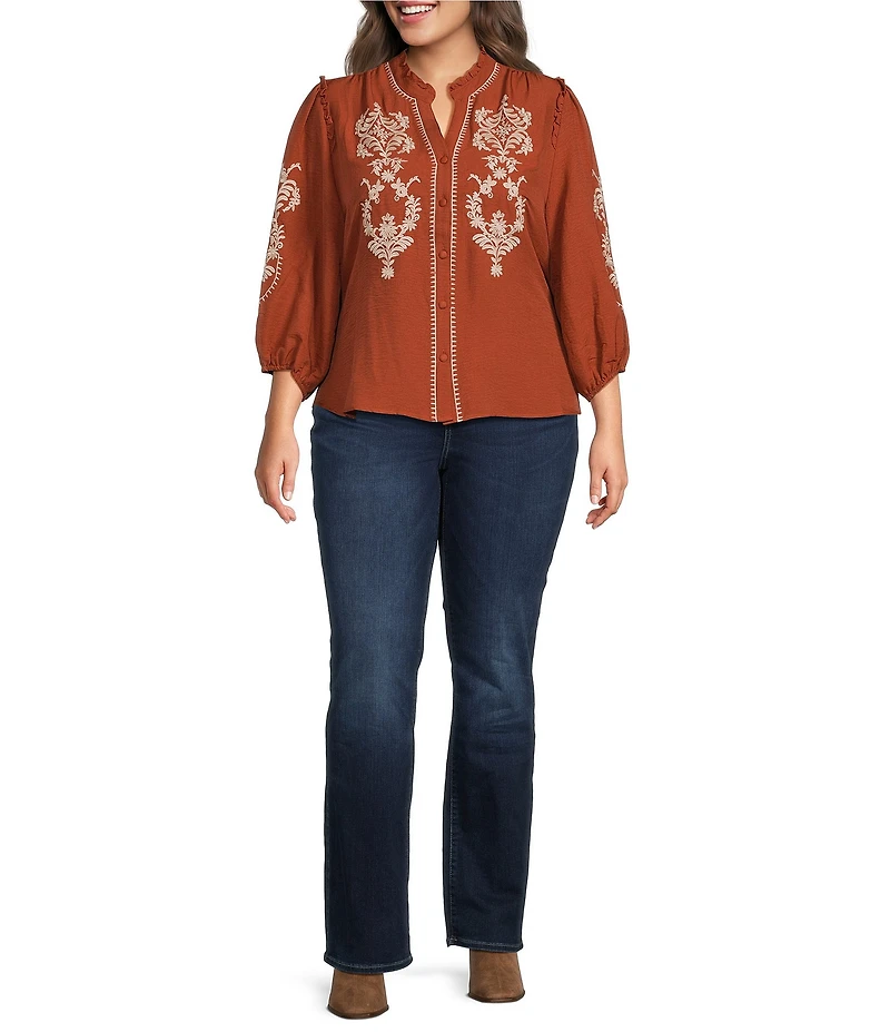 Calessa Plus Size Embroidered Ruffle Split V-Neck 3/4 Sleeve Button Front Tunic