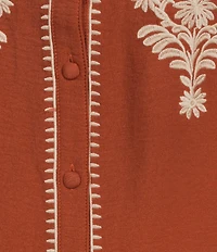 Calessa Plus Size Embroidered Ruffle Split V-Neck 3/4 Sleeve Button Front Tunic