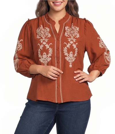Calessa Plus Size Embroidered Ruffle Split V-Neck 3/4 Sleeve Button Front Tunic
