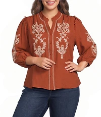 Calessa Plus Size Embroidered Ruffle Split V-Neck 3/4 Sleeve Button Front Tunic
