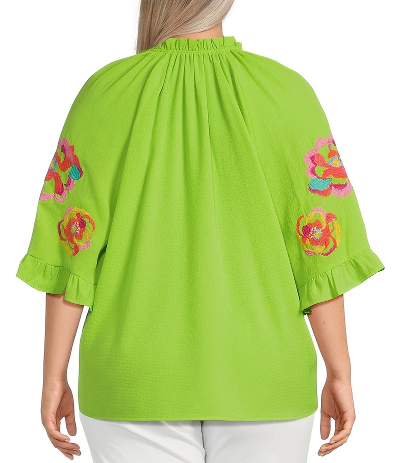 Calessa Plus Size Embroidered Ruffle Split V-Neck 3/4 Sleeve Tunic