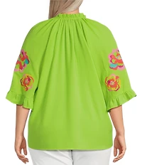 Calessa Plus Size Embroidered Ruffle Split V-Neck 3/4 Sleeve Tunic