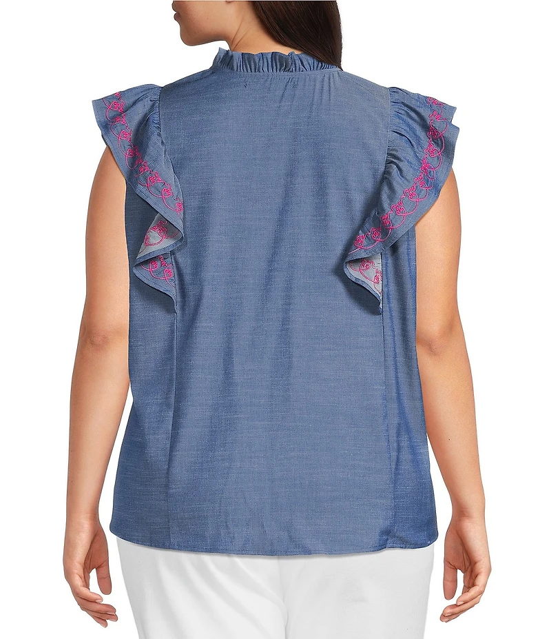 Calessa Plus Size Embroidered Ruffle Split V-Neck Cap Sleeve Button Front Top