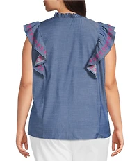 Calessa Plus Size Embroidered Ruffle Split V-Neck Cap Sleeve Button Front Top