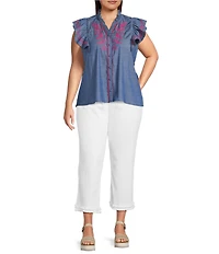 Calessa Plus Size Embroidered Ruffle Split V-Neck Cap Sleeve Button Front Top