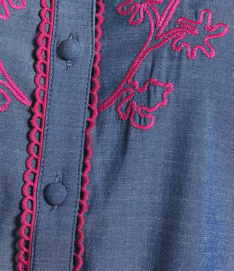 Calessa Plus Size Embroidered Ruffle Split V-Neck Cap Sleeve Button Front Top