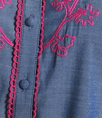 Calessa Plus Size Embroidered Ruffle Split V-Neck Cap Sleeve Button Front Top