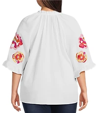 Calessa Plus Size Embroidered Ruffle Split V-Neck Elbow Sleeve Tunic