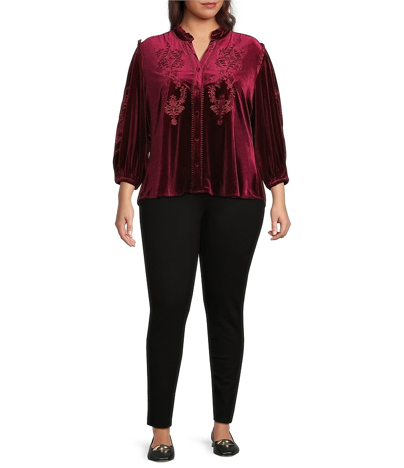 Calessa Plus Size Embroidered Ruffle Split V-Neck Long Sleeve Button-Front Velvet Tunic