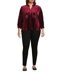 Calessa Plus Size Embroidered Ruffle Split V-Neck Long Sleeve Button-Front Velvet Tunic