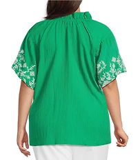 Calessa Plus Size Embroidered Ruffle Split V-Neck Short Sleeve Tunic