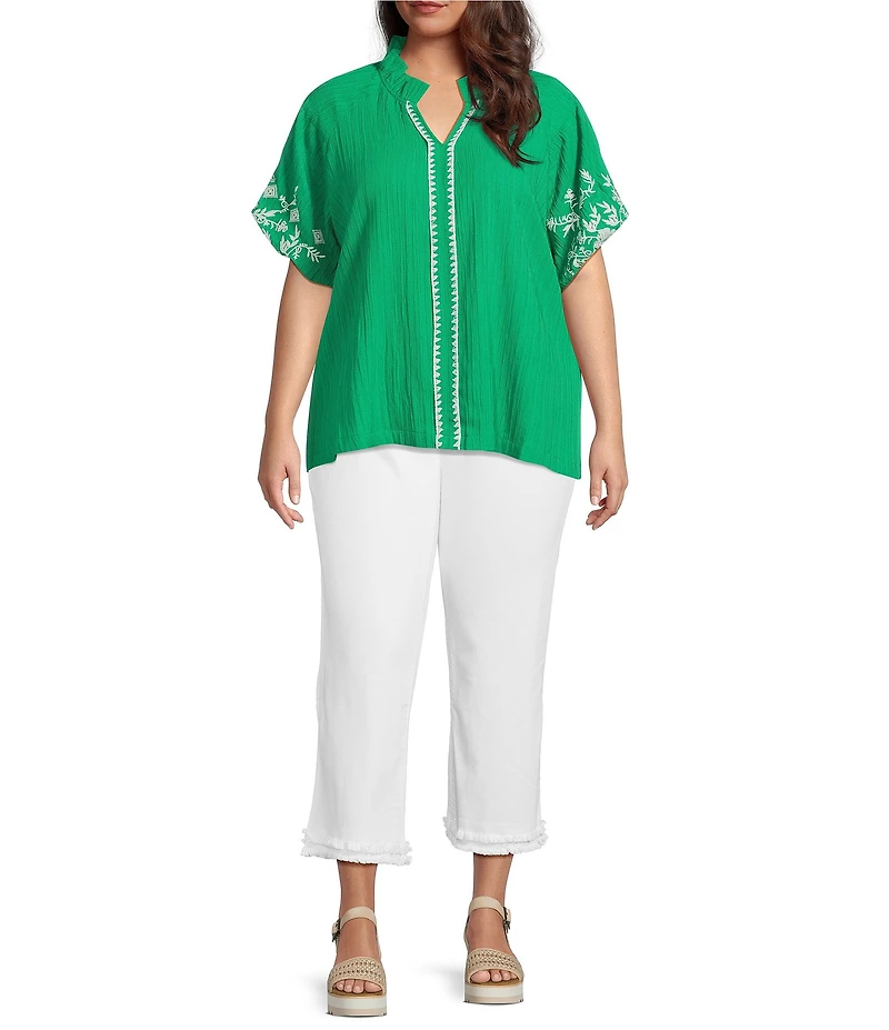 Calessa Plus Size Embroidered Ruffle Split V-Neck Short Sleeve Tunic