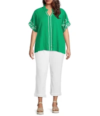 Calessa Plus Size Embroidered Ruffle Split V-Neck Short Sleeve Tunic