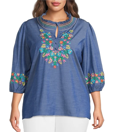 Calessa Plus Size Embroidered Ruffled Split V-Neck 3/4 Sleeve Tunic