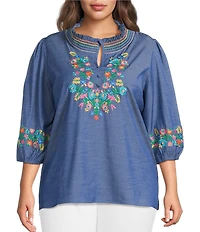 Calessa Plus Size Embroidered Ruffled Split V-Neck 3/4 Sleeve Tunic