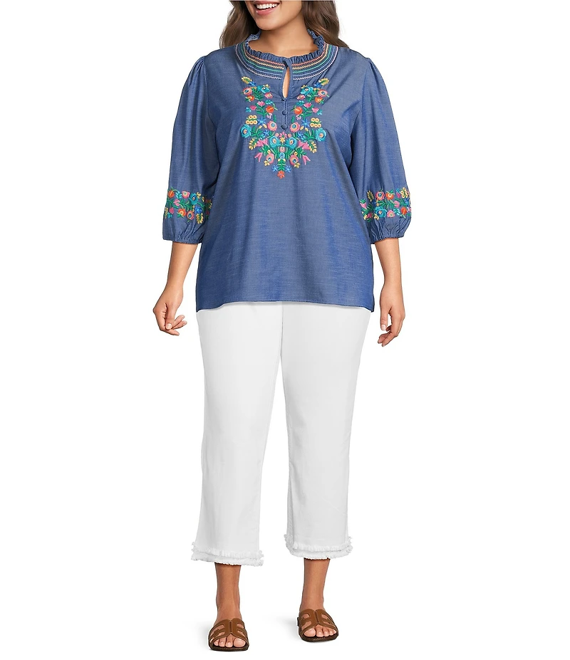 Calessa Plus Size Embroidered Ruffled Split V-Neck 3/4 Sleeve Tunic
