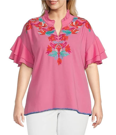 Calessa Plus Size Embroidered Ruffled V-Neck Cap Sleeve Shirttail Hem Top